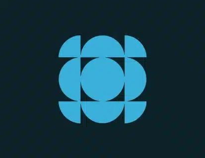 Blue geometric logo with a central circle surrounded by semi-circles and quarter-circles on a dark background.