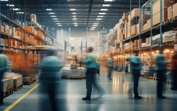 Workers move through a large warehouse filled with shelves of boxes and pallets, with some motion blur indicating activity and efficiency.