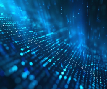 Blue digital abstract background with binary code and glowing lines, representing data flow and digital technology concepts.