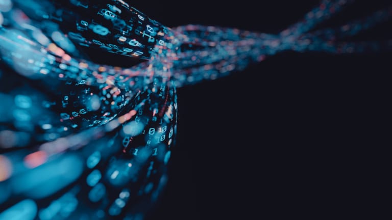 Digital strands with binary code flow across a dark background, representing data transfer or digital communication.