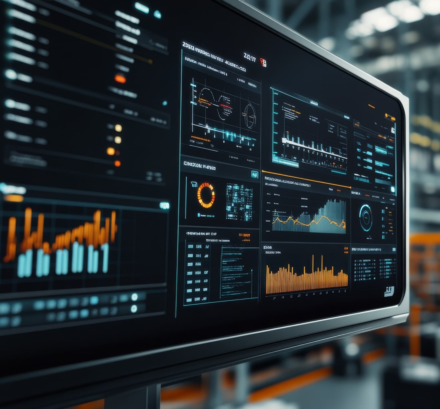 A widescreen monitor displays various data analytics dashboards with graphs, charts, and metrics in an industrial or tech setting.