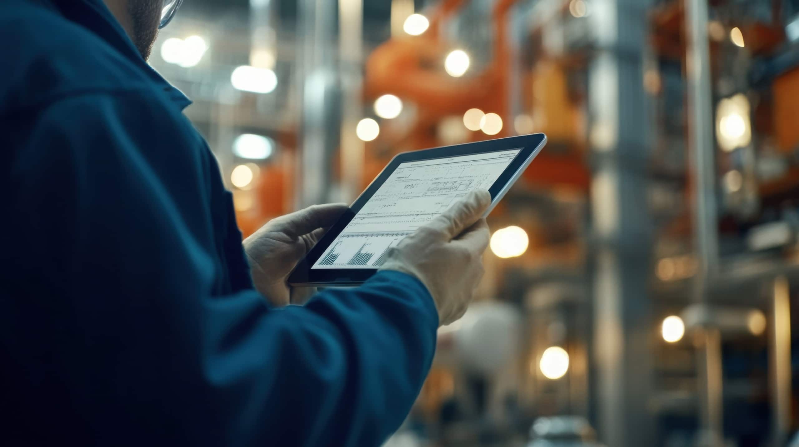 Person in a factory environment holding a tablet and reviewing digital data or schematics, with industrial equipment visible in the blurred background.
