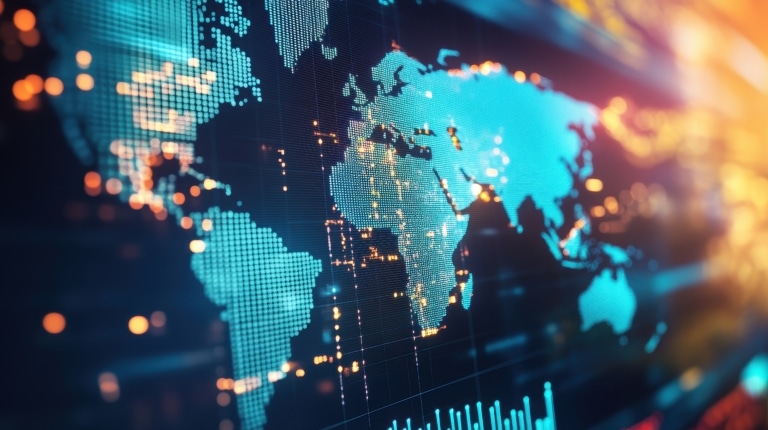 Digital world map with glowing data points and lines representing global connectivity and technological networks.