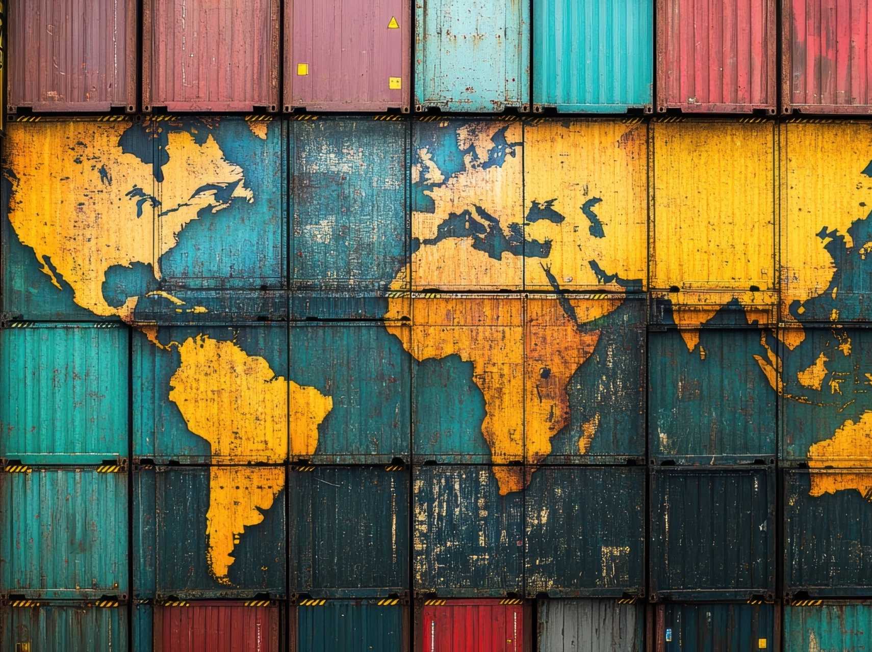 Stacked shipping containers with a world map painted across them, showing continents in yellow on a blue and red container background.
