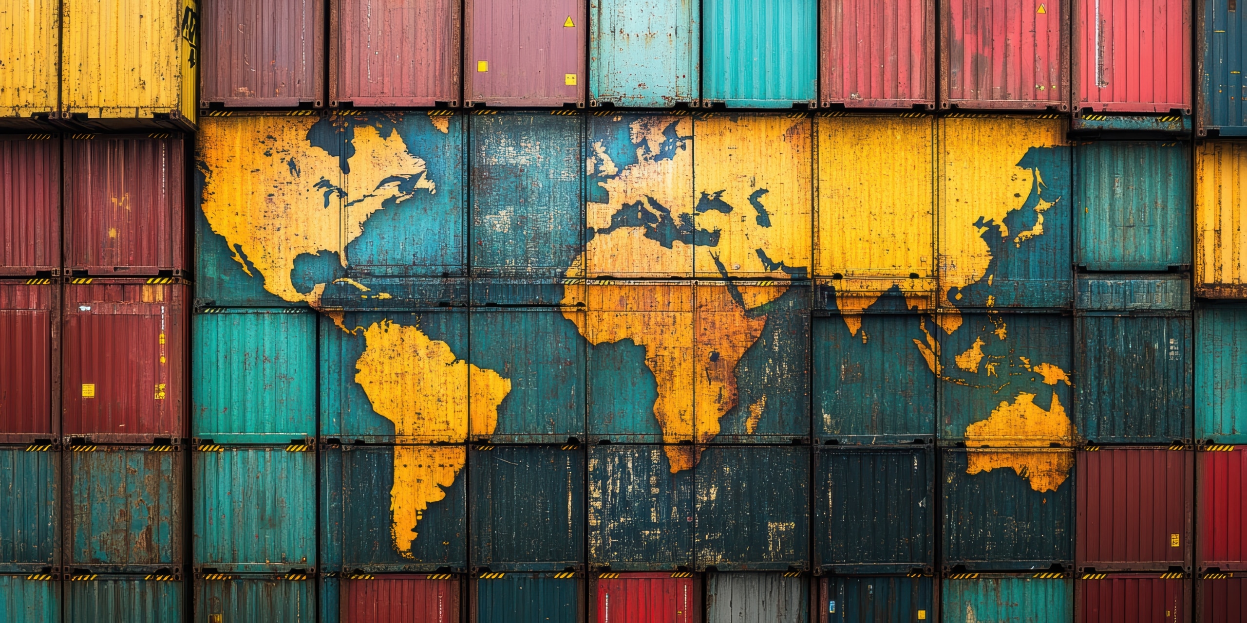 Stacked shipping containers with a world map painted across them, showing continents in yellow on a blue and red container background.
