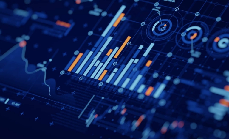 Abstract digital dashboard displaying various data visualizations, including bar charts, line graphs, and network diagrams with blue and orange highlights on a dark background.