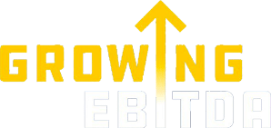 Yellow text reads "Growing" with an upward arrow replacing the 'I', above white text "EBITDA" on a light background, suggesting increasing earnings.