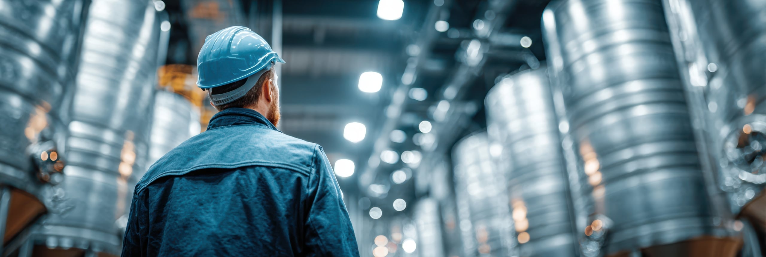 A worker wearing a blue hard hat and jacket stands in a large industrial facility with rows of metal tanks and bright overhead lighting.