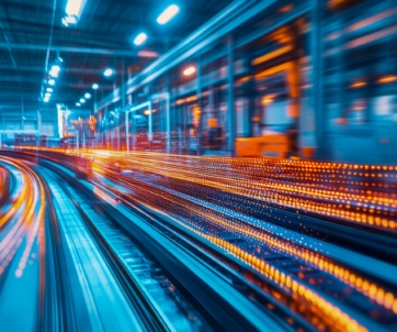 Blurred motion image of an automated factory assembly line with bright blue and orange lights, suggesting speed and modern industrial technology.