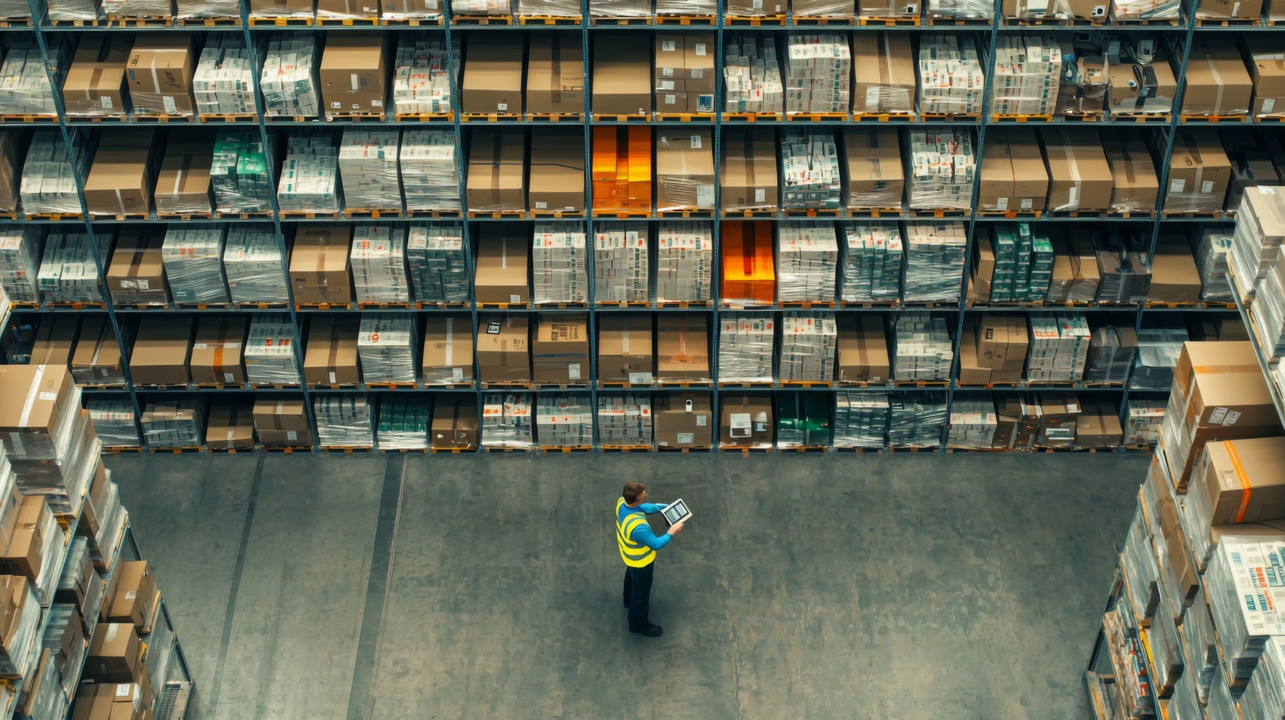 A worker in a yellow safety vest uses a tablet while standing in a warehouse aisle surrounded by tall shelves filled with boxes and packages.
