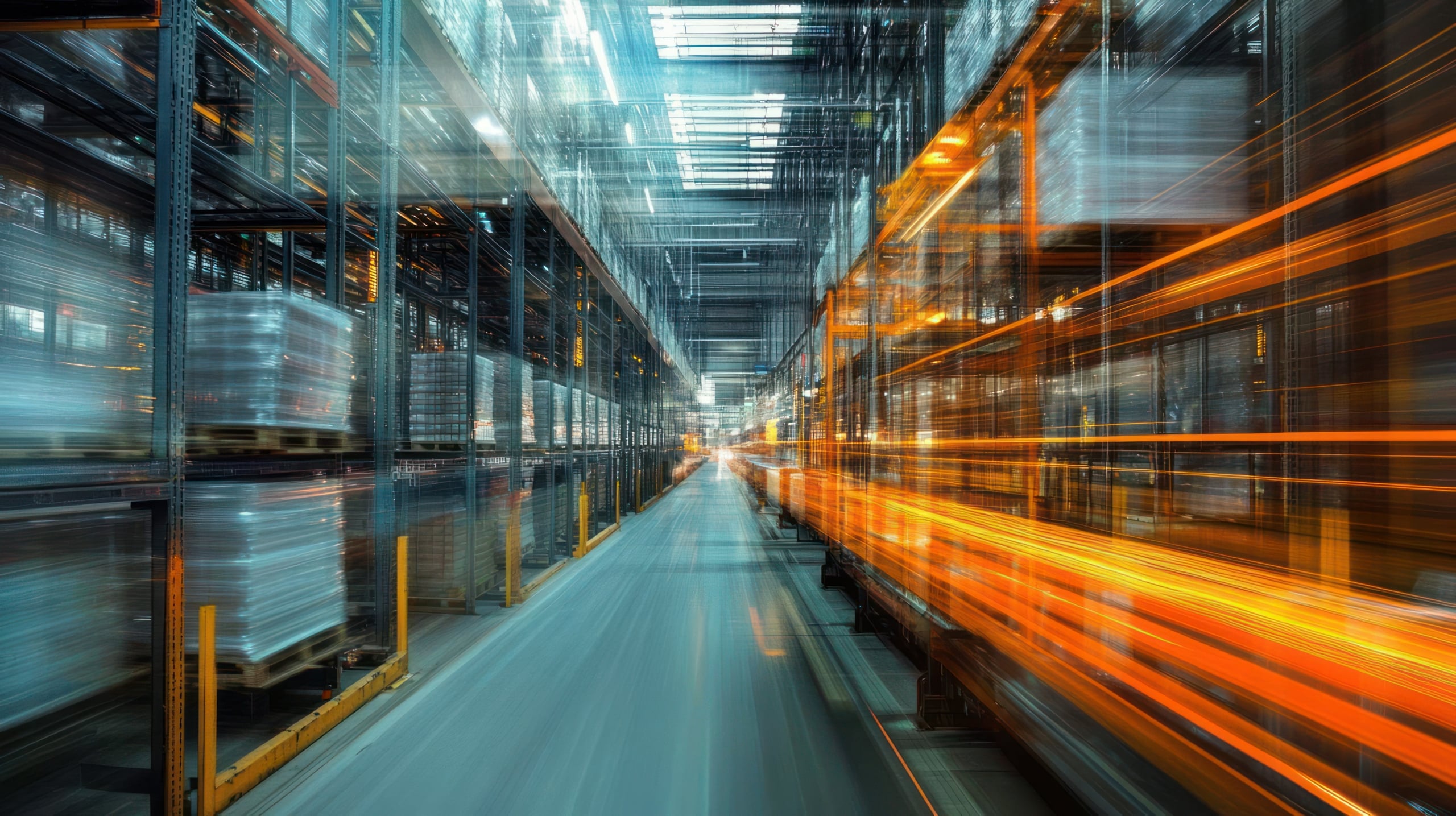 Wide aisle in a warehouse with tall shelves holding pallets, featuring motion blur and orange streaks suggesting fast movement or automation.