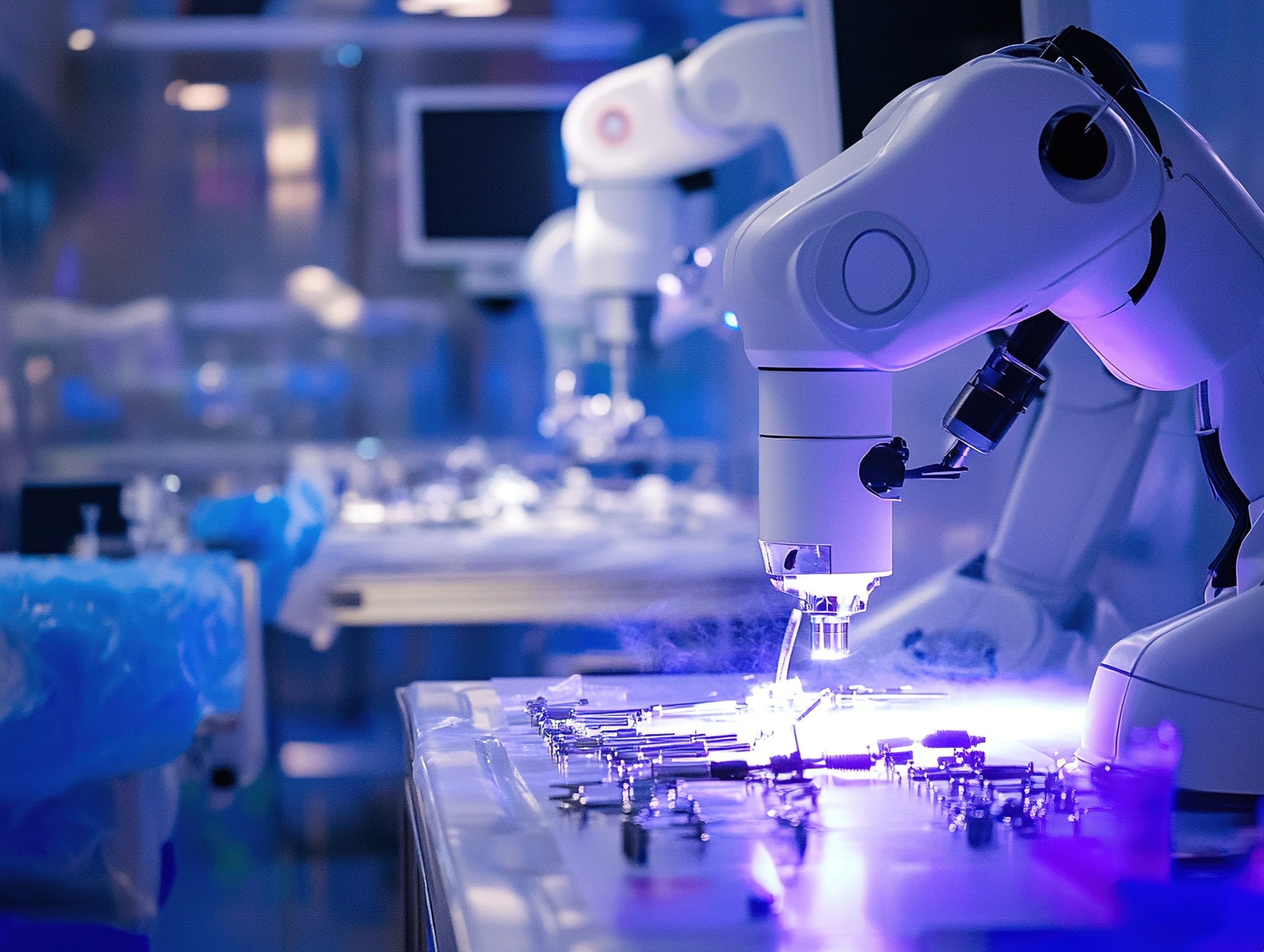 A robotic arm operates over a surgical tray with medical instruments in a high-tech, blue-lit laboratory or operating room.