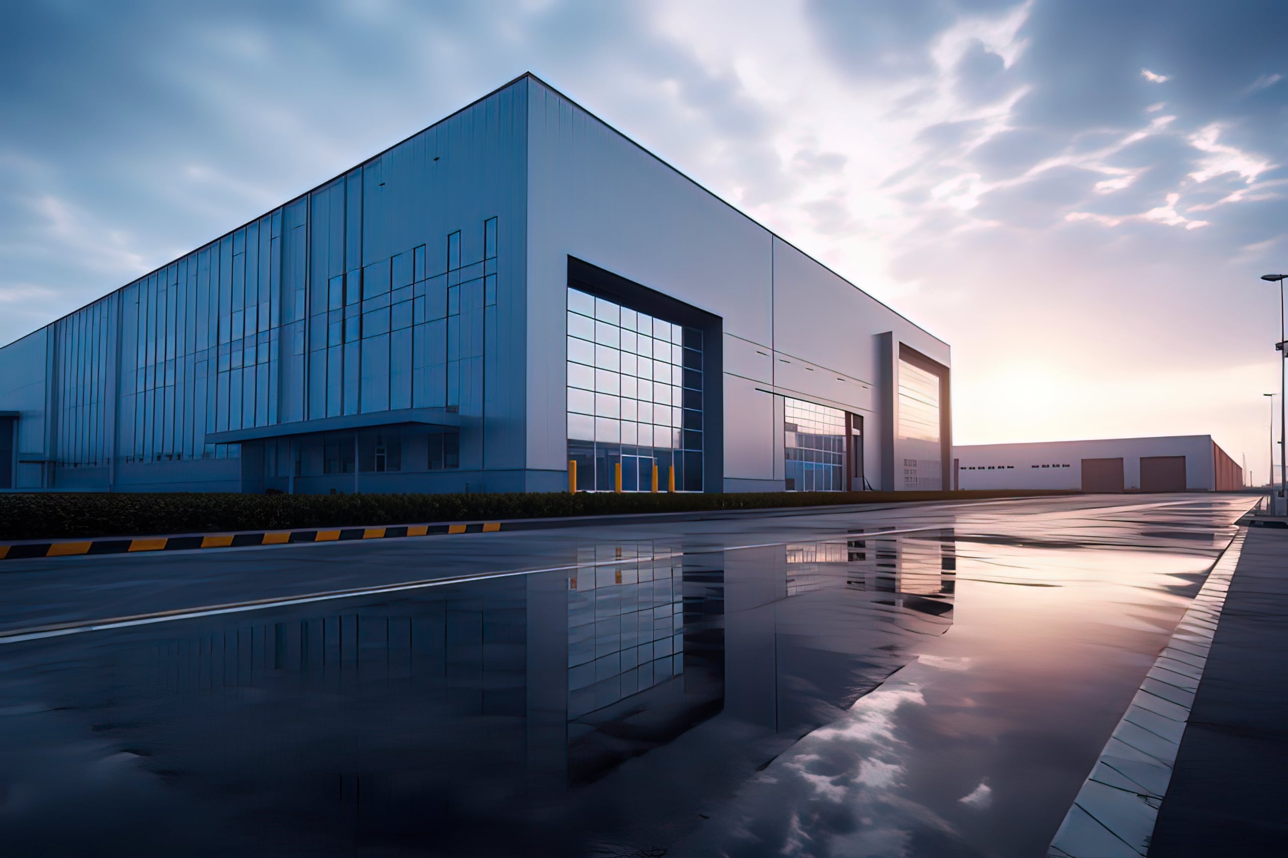 A large modern warehouse building with glass panels and reflective wet pavement, photographed at sunset under a cloudy sky.