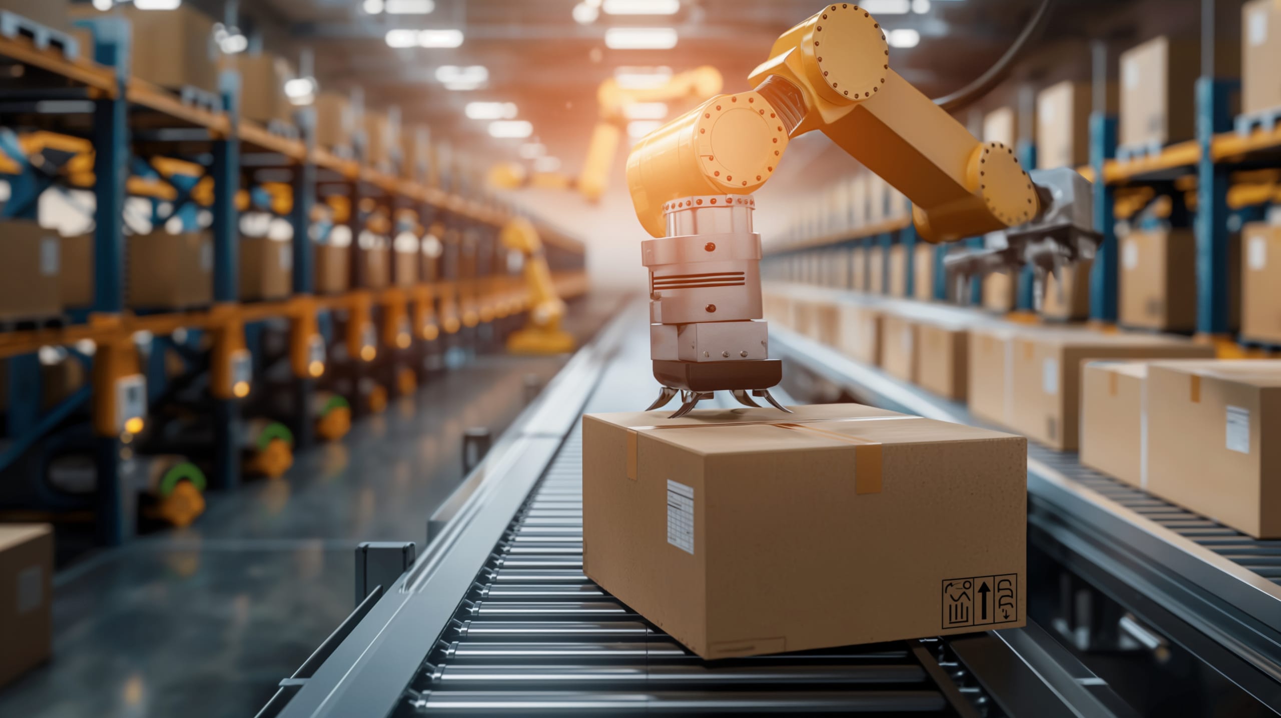A robotic arm places a cardboard box on a conveyor belt in a warehouse filled with shelves of packages under bright lighting.