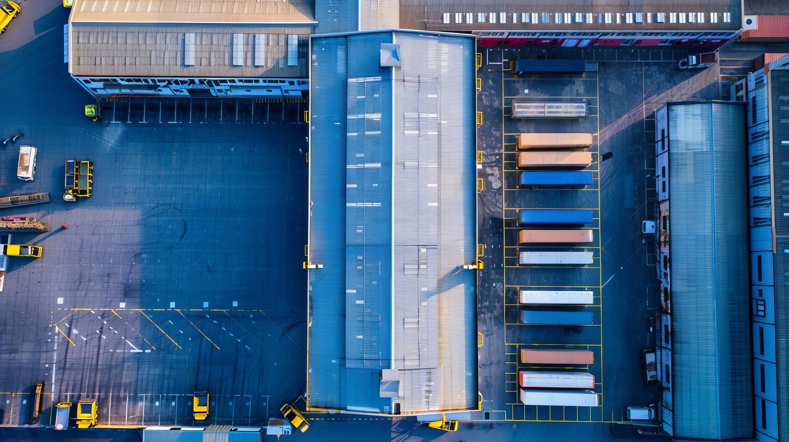 Aerial view of a logistics warehouse with multiple parked semi-trailers and several yellow trucks in a large, organized parking area.