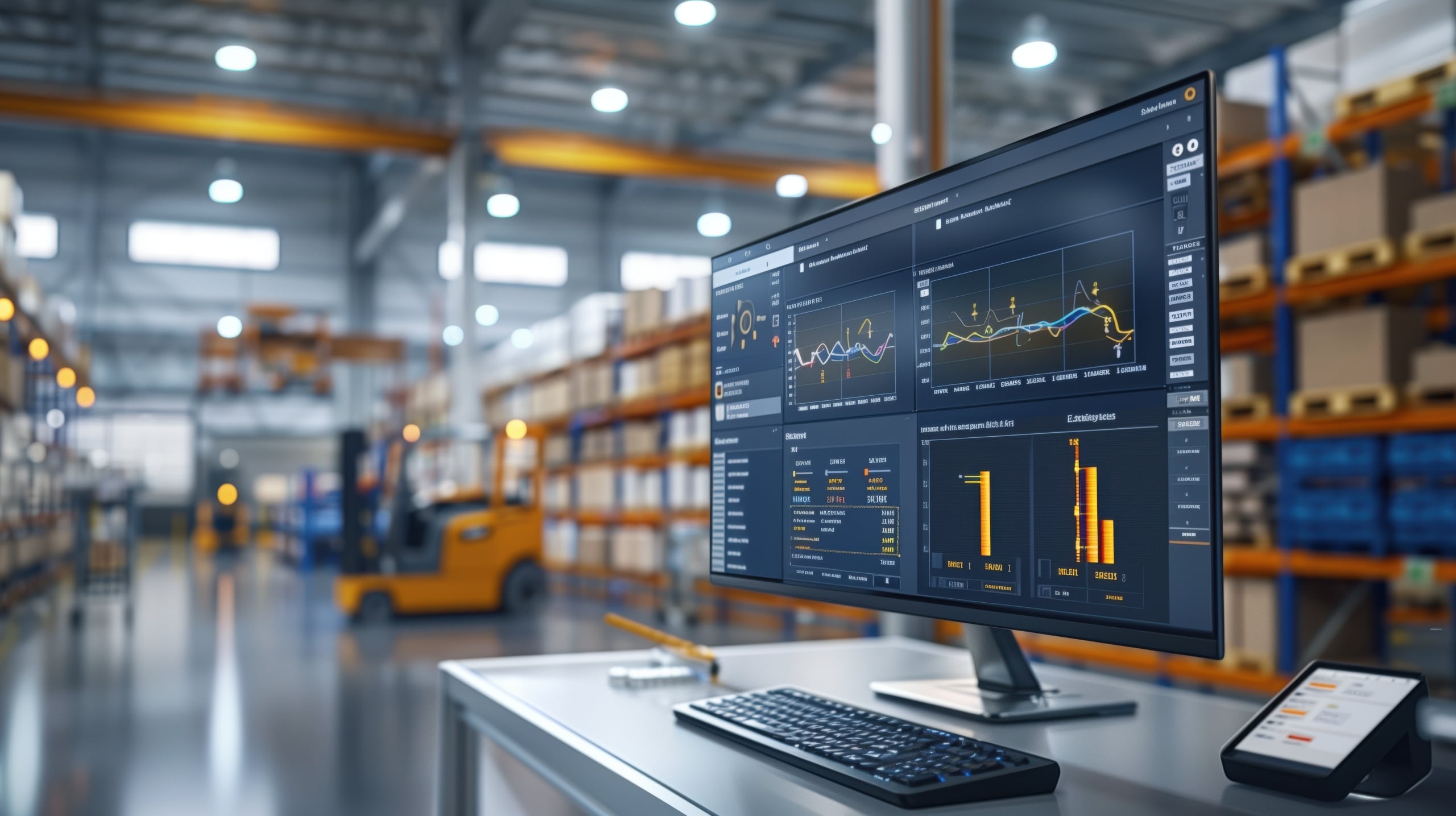 A computer monitor displays data analytics dashboards on a desk in a warehouse, with shelves, boxes, and a forklift visible in the background.