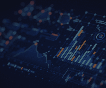 A dark-themed digital dashboard displays various charts, graphs, and data visualizations with bar graphs, line charts, and circular diagrams in blue and orange tones.