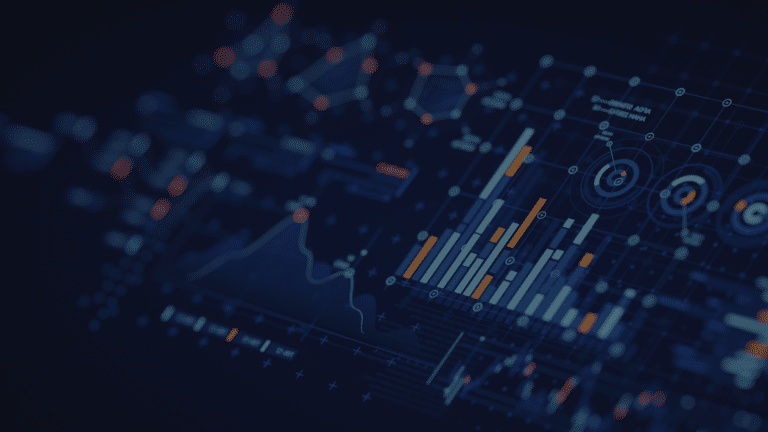 A dark-themed digital dashboard displays various charts, graphs, and data visualizations with bar graphs, line charts, and circular diagrams in blue and orange tones.