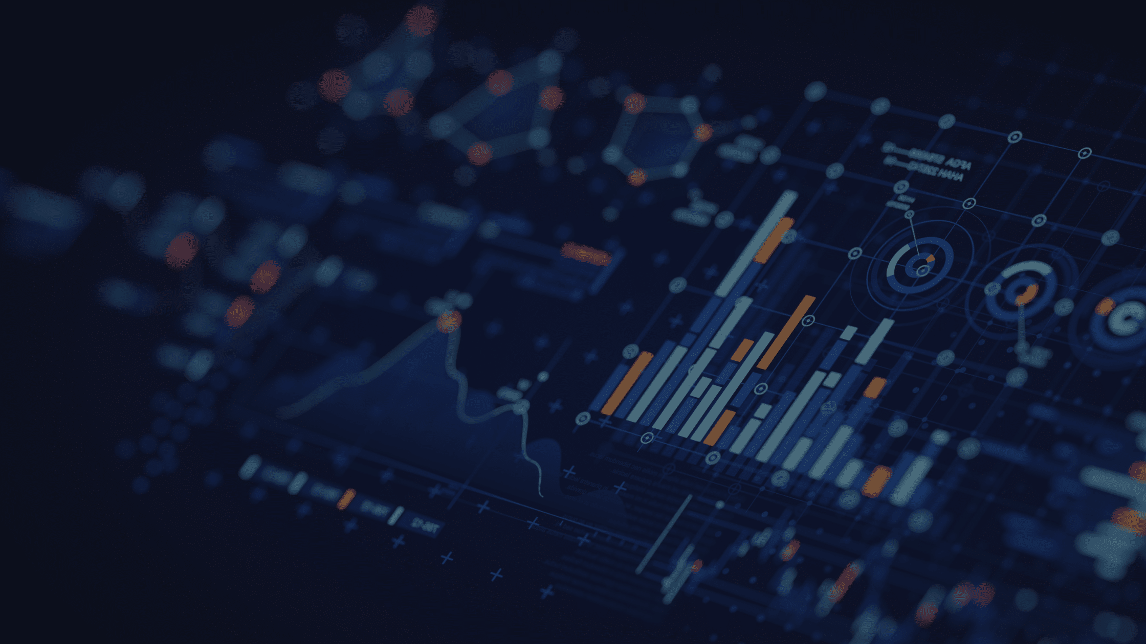 A dark-themed digital dashboard displays various charts, graphs, and data visualizations with bar graphs, line charts, and circular diagrams in blue and orange tones.