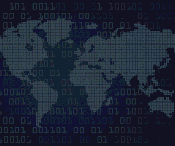 A digital world map made of small squares is overlaid on a dark background with binary code consisting of ones and zeros.
