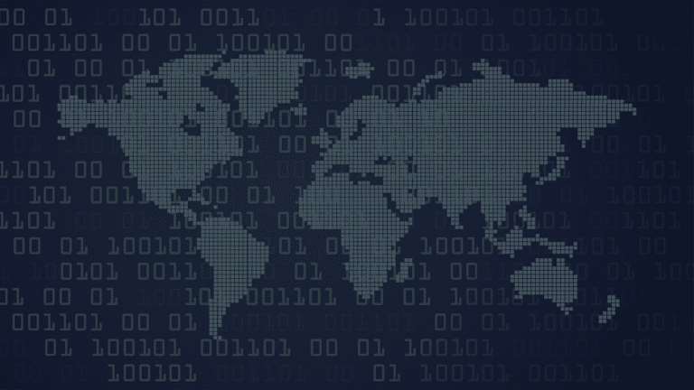 A digital world map made of small squares is overlaid on a dark background with binary code consisting of ones and zeros.