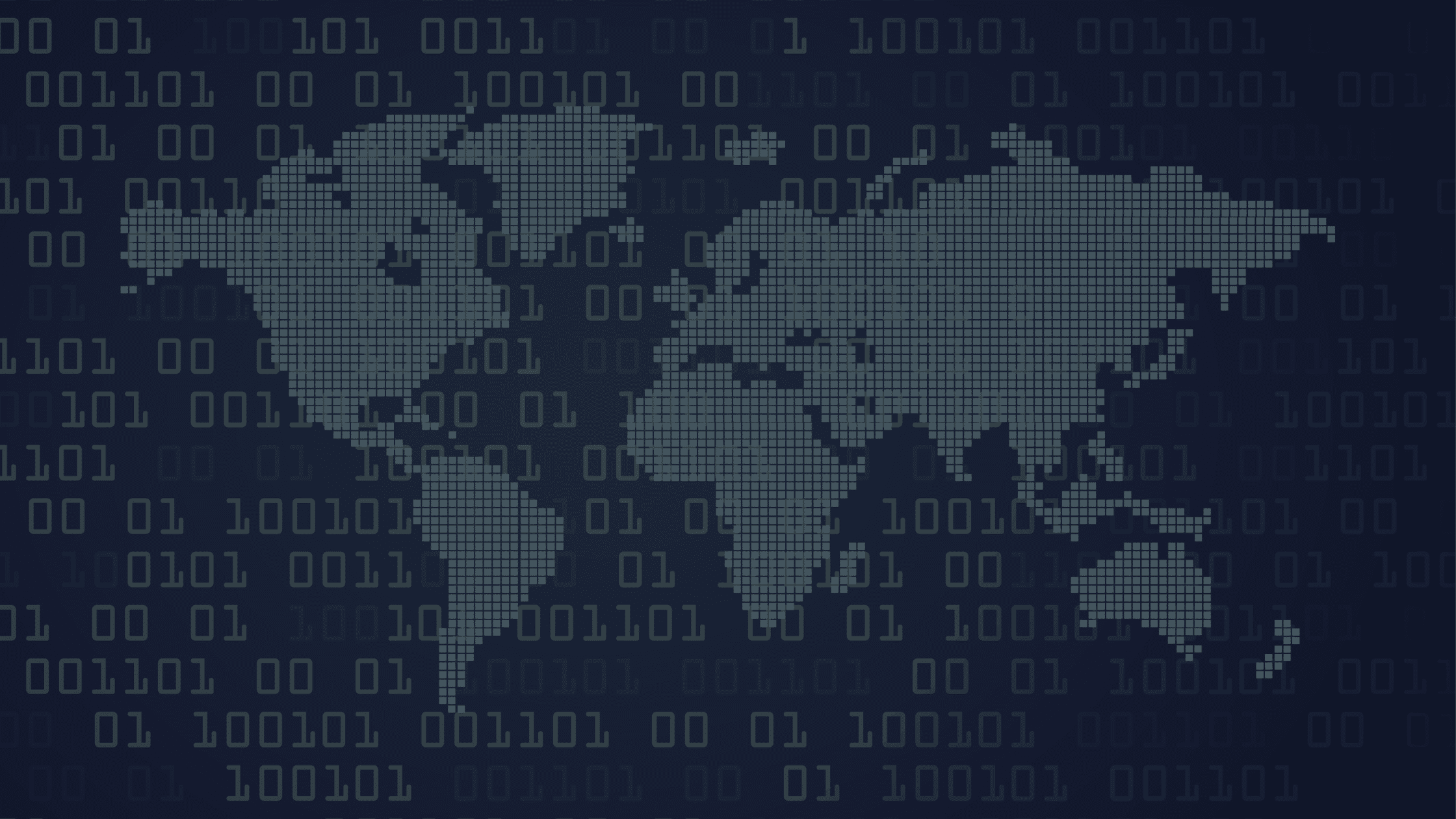 A digital world map made of small squares is overlaid on a dark background with binary code consisting of ones and zeros.
