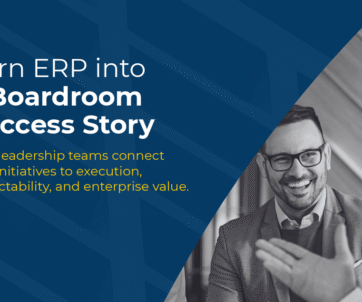 A business meeting with a smiling man in a suit, laptop and documents on the table, and text promoting ERP success from Trivista.