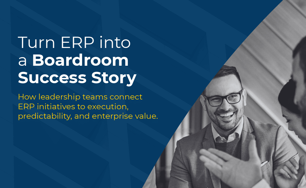 A business meeting with a smiling man in a suit, laptop and documents on the table, and text promoting ERP success from Trivista.