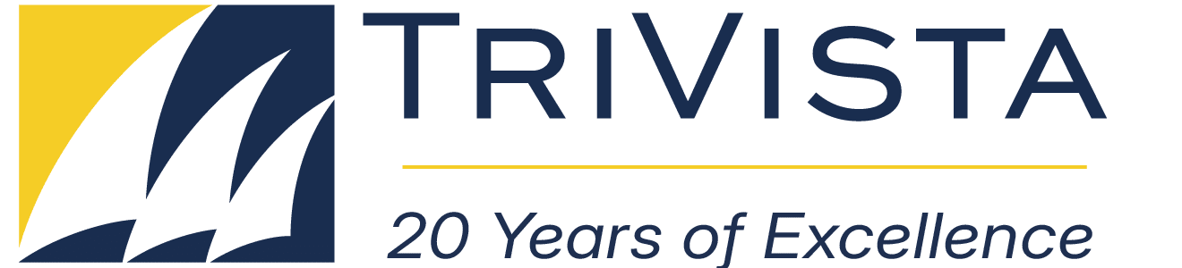 TriVista logo with three white sail shapes on a blue and yellow square, and text stating "TriVista 20 Years of Excellence.