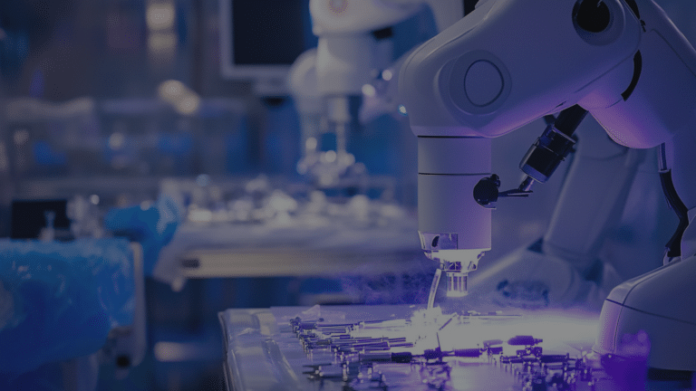 A robotic arm equipped with surgical tools operates over a table of medical instruments in a high-tech, sterile environment.