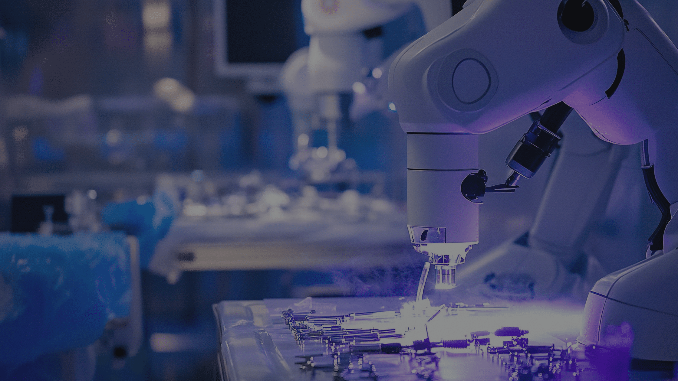 A robotic arm equipped with surgical tools operates over a table of medical instruments in a high-tech, sterile environment.