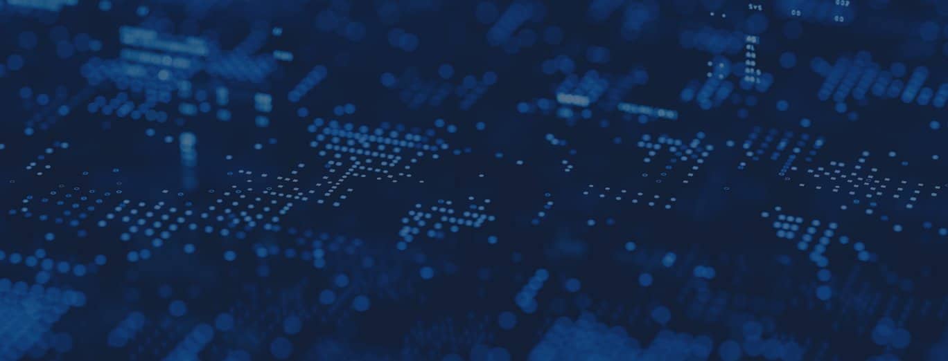 Abstract image of blue digital dots and lines forming a circuit-like pattern on a dark background, representing technology or data visualization.
