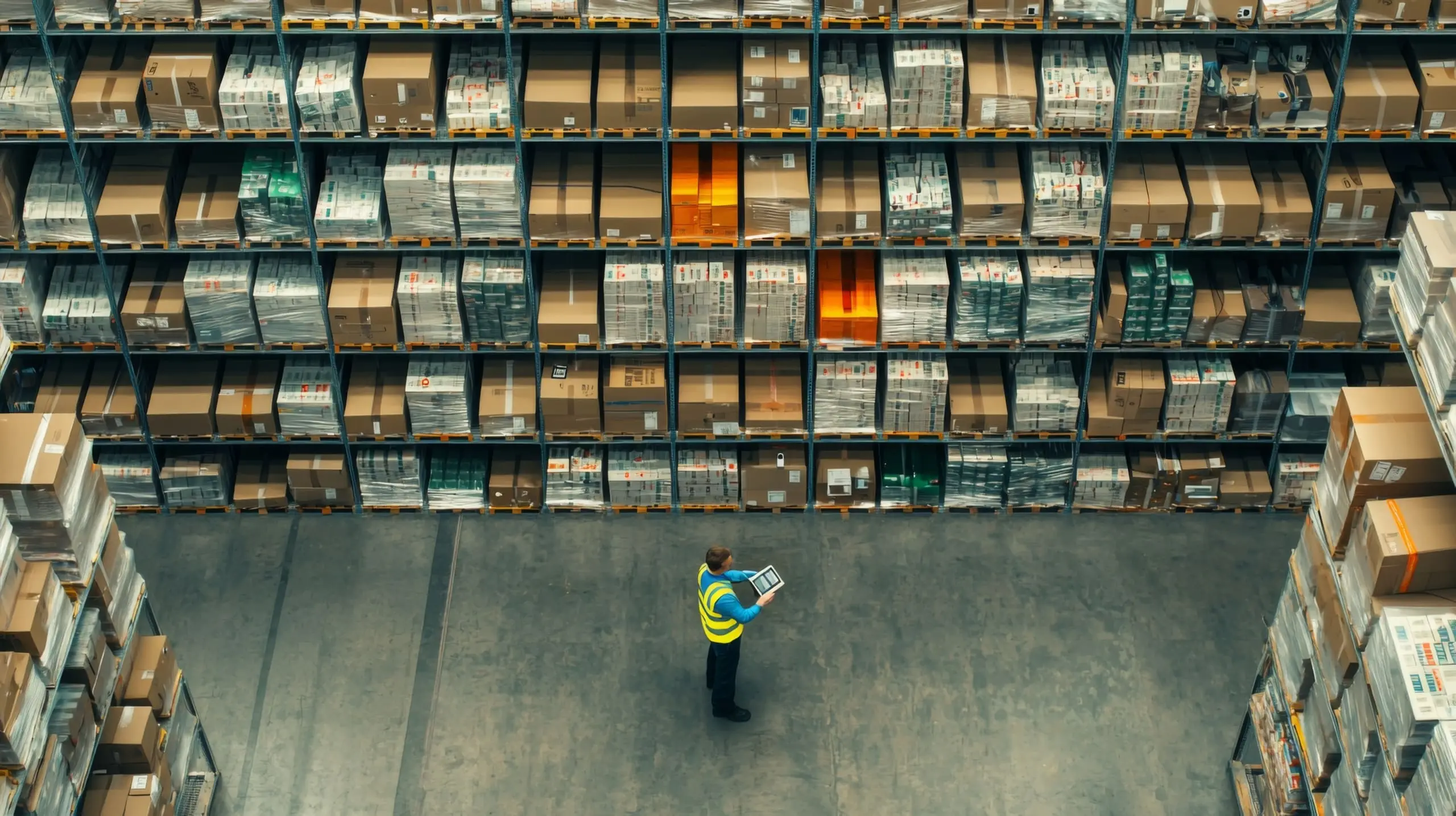A warehouse worker in a safety vest holds a tablet while standing in front of tall shelves filled with boxes and packages.