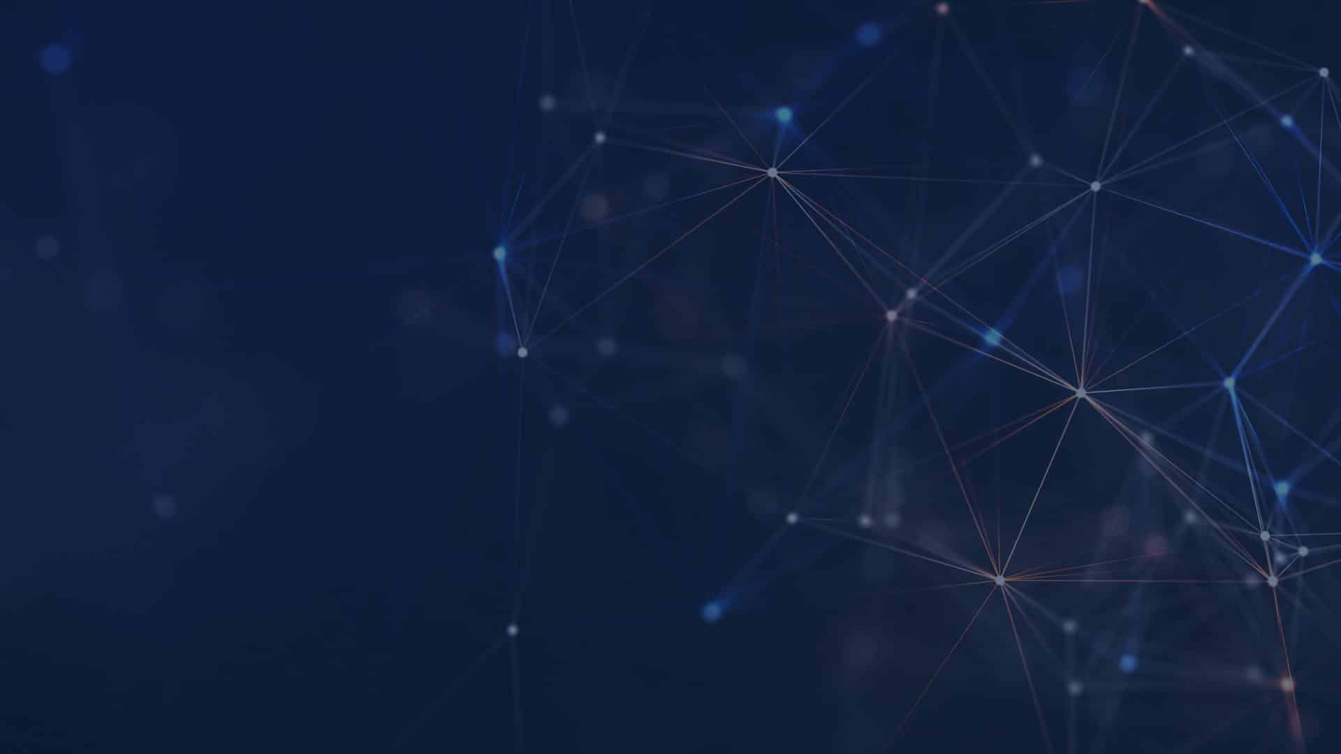 Dark blue background with interconnected glowing dots and lines forming an abstract network pattern, suggesting technology or digital connections.