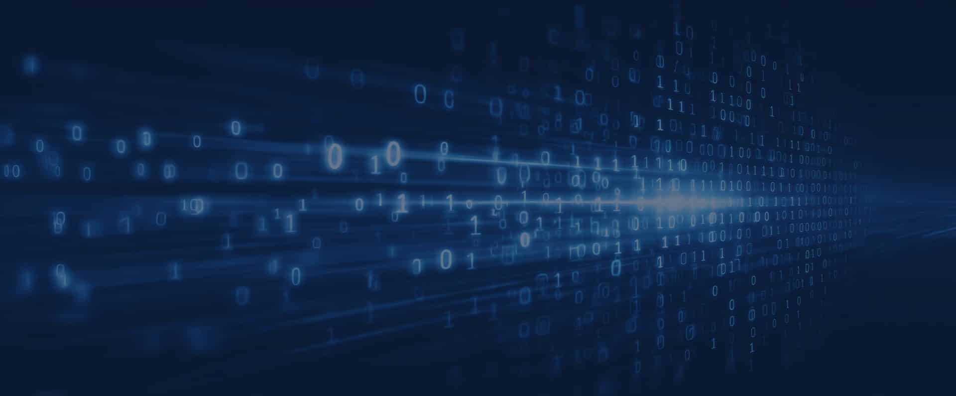 Blue digital background with rows of binary code (ones and zeros) moving diagonally across the image, creating a sense of speed and data flow.