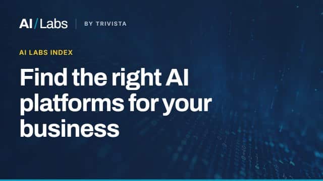 Dark blue graphic with the text: “Find the right AI platforms for your business” and “AI Labs by Trivista” at the top left. Subtle digital code-like pattern in the background.