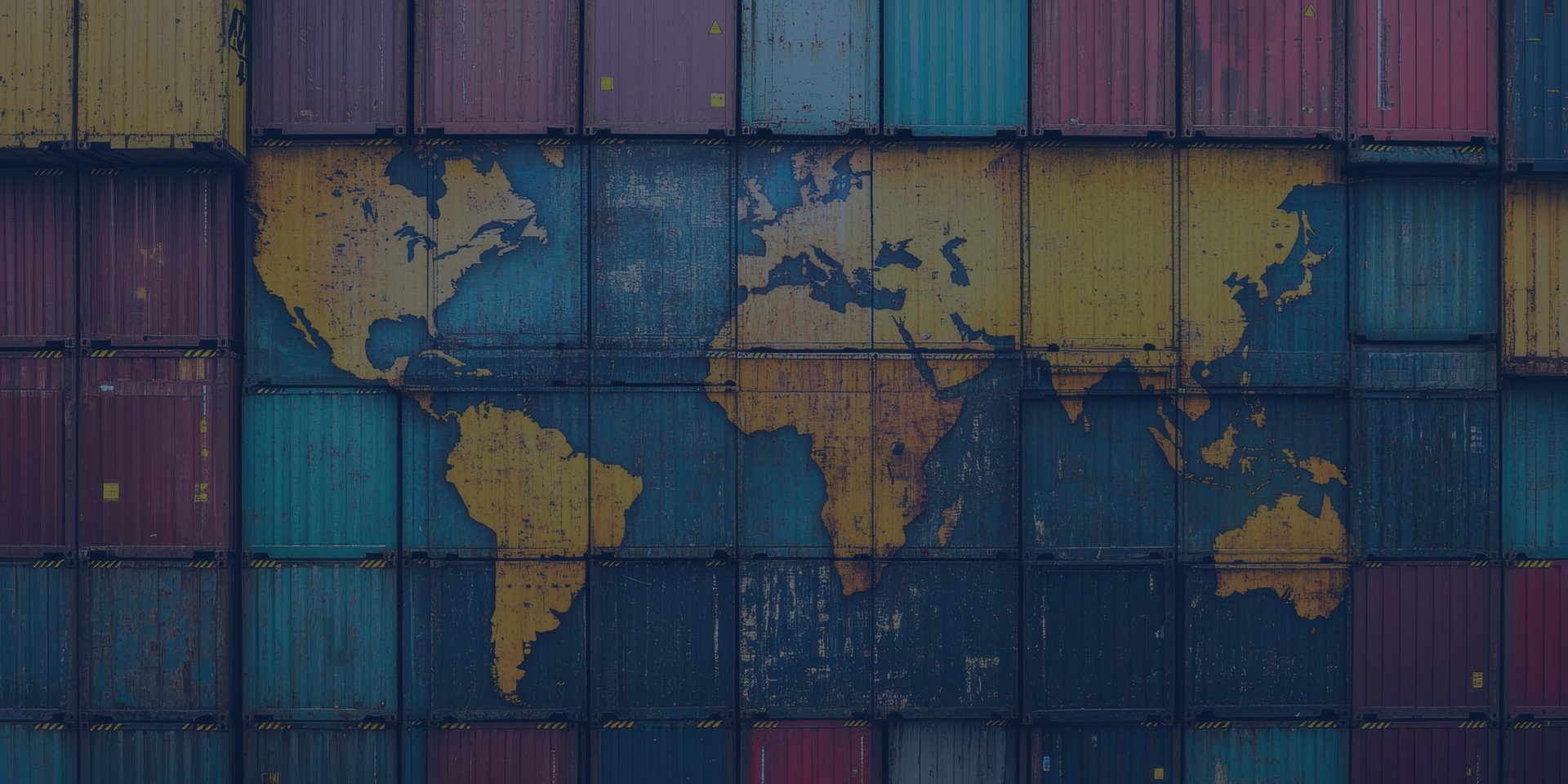 Stacked shipping containers with a yellow world map painted across them.