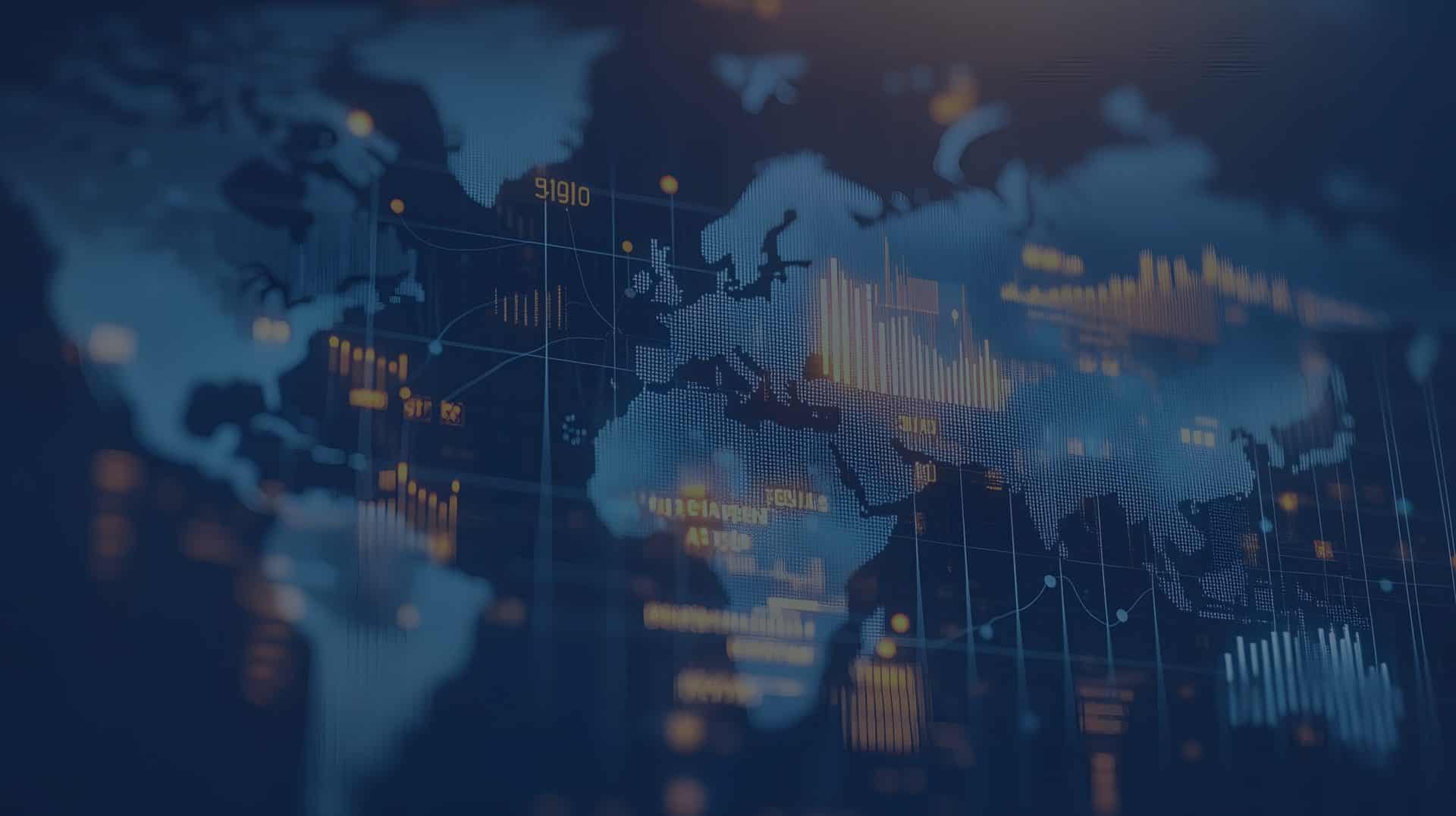 A digital world map with data graphs, bar charts, and lines overlaid, representing global analytics or financial statistics.